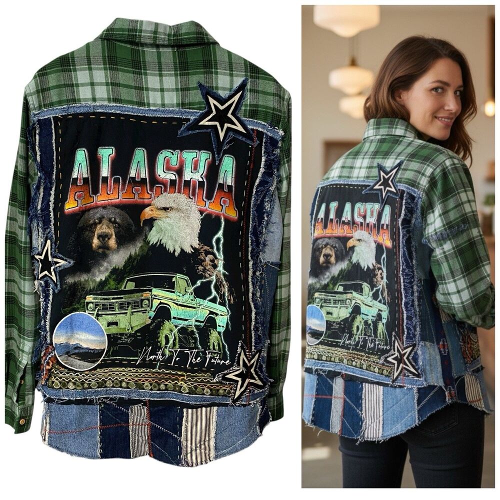 Upcycled Flannel Shirt Shacket Womens Large Alaska Grunge Patchwork Folk Art - Picture 2 of 16